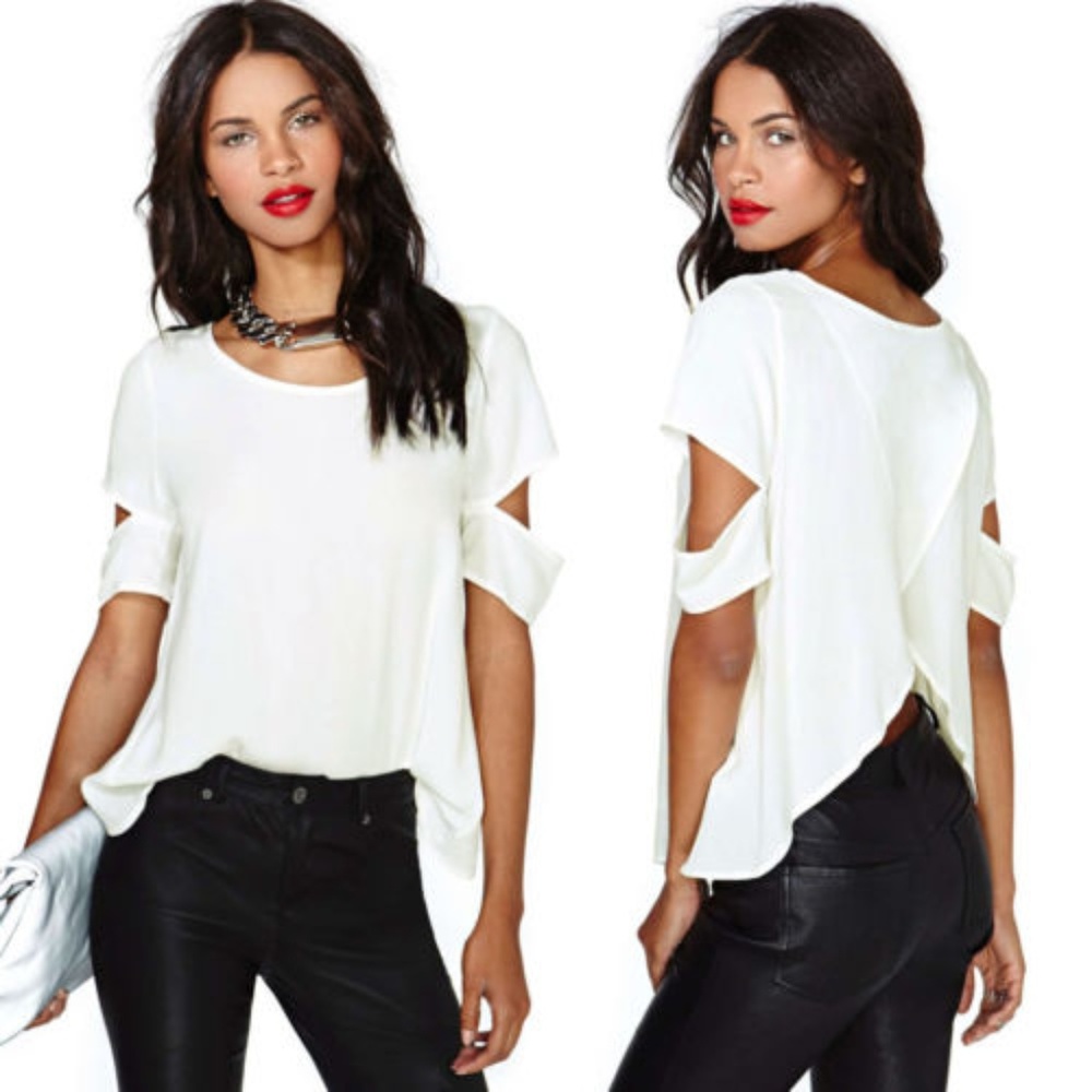Ivory Blouse T-Shirt Open Back Nice Fabric Fits Sm